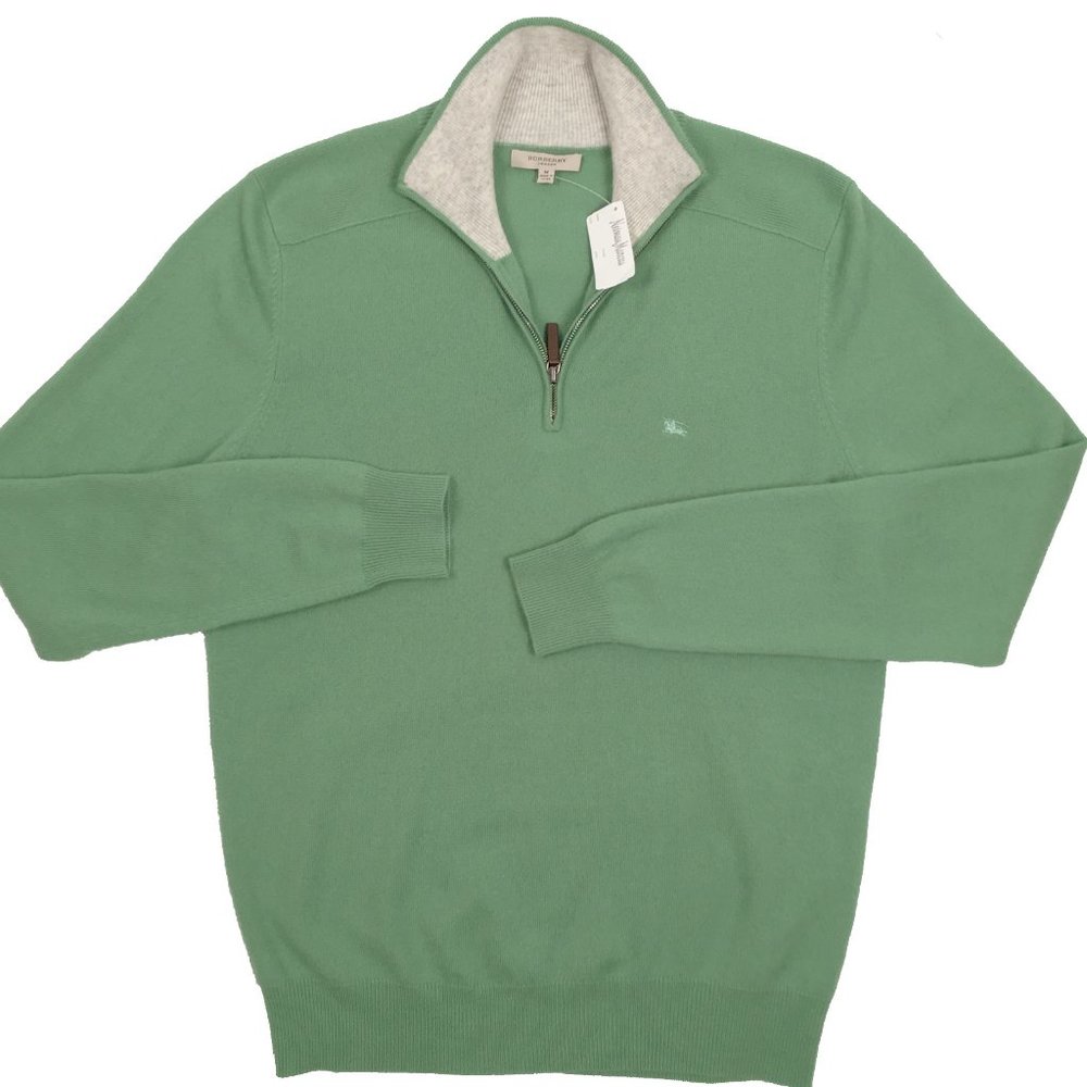 NEW Burberry Mens Cashmere Sweater! M  Zip Neck  Green & Gray With Burberry Logo